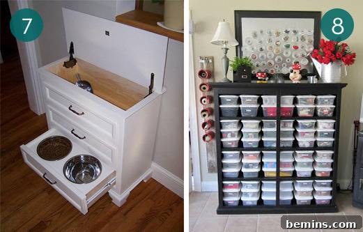 Dresser repurposed as pet food station and storage