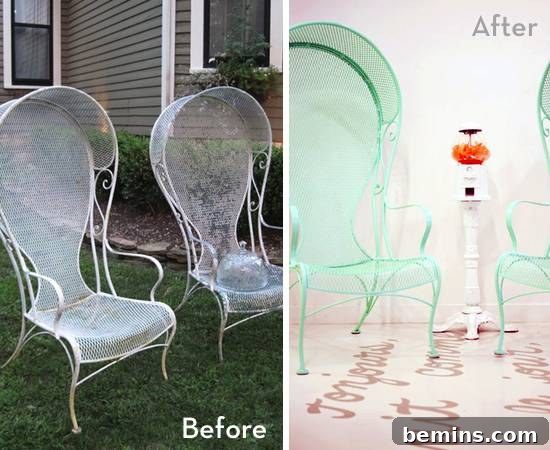 Two basket chairs have been painted green.