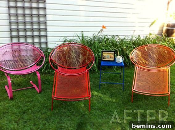 Brightly painted metal furniture sits on a grass lawn.
