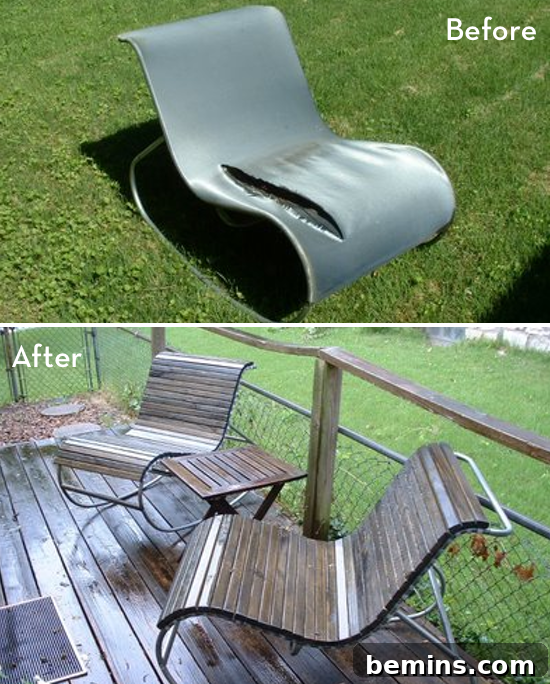 An accent chair has been remade with wooden slats to be used outside.