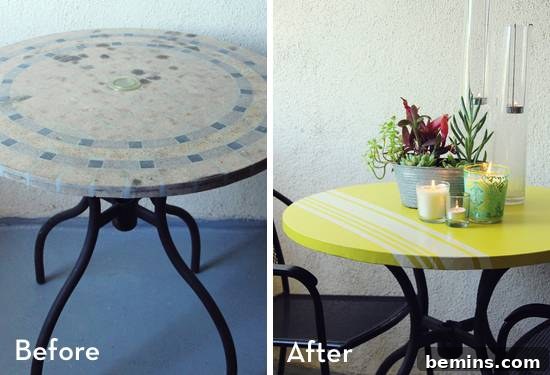 A before and after of a bistro table.