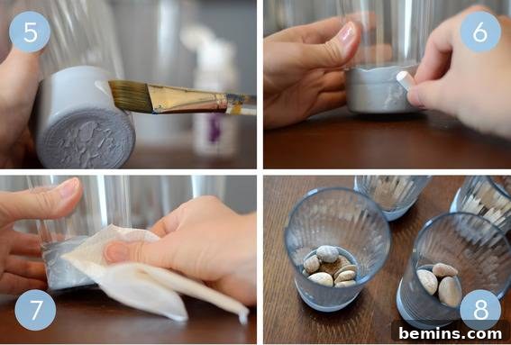 IKEA Herb Garden Hack: Grow Your Own Indoors 5 Preparing the glasses with rocks and getting ready to transplant the herbs.