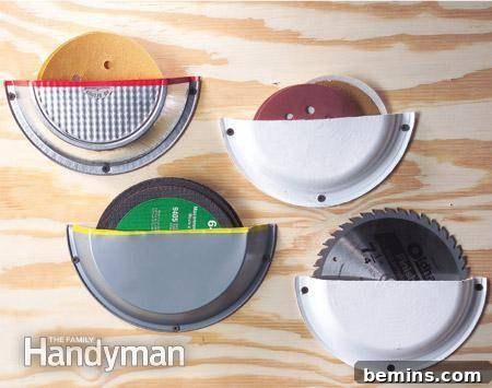 Garage Makeover: 10 DIY Organization Hacks 4 Upcycled pie plate organizers holding sanding discs and saw blades.