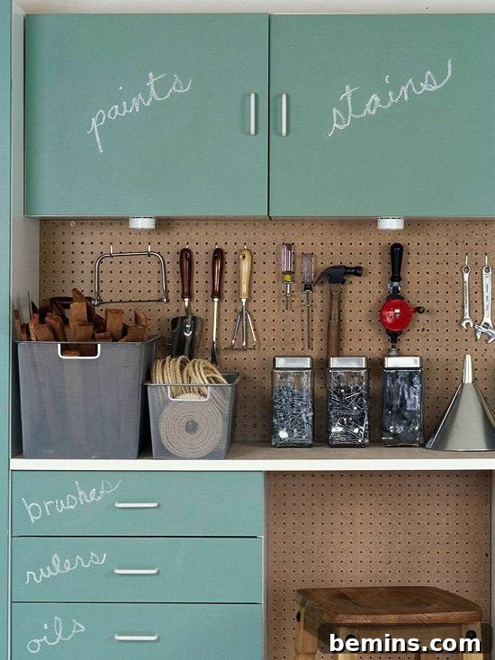 Garage Makeover: 10 DIY Organization Hacks 7 Garage cabinets with chalkboard doors for labeling.