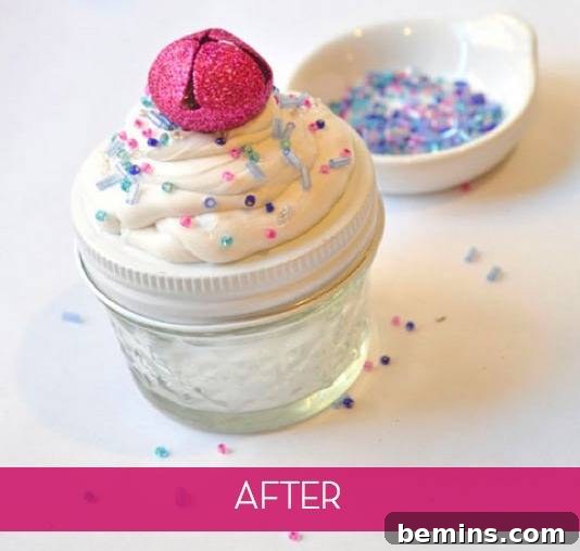 Mason jar decorated to look like a cupcake.