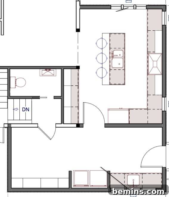 Blueprint of a kitchen and bedroom layout.