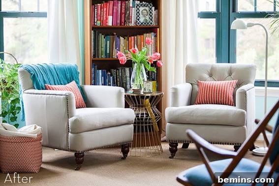 Tufted chairs under bright windows in a senior living room, providing a comfortable and stylish seating area for residents to relax and socialize.