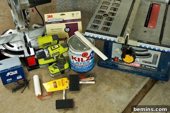 Items needed to make garden row protectors: drill, chicken wire, lumber, plywood, staple gun, wire cutters, paint, sandpaper.