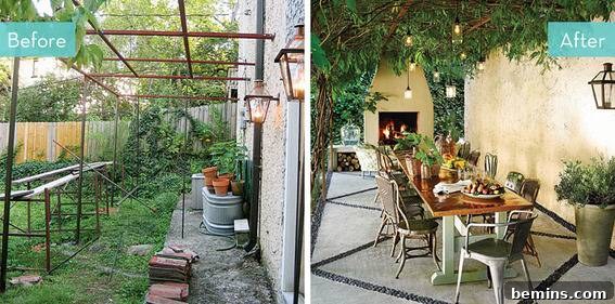 A before and after photo of a patio.