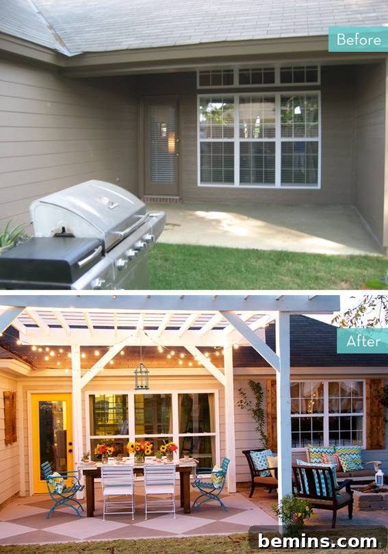 Renovating the back porch of a house to make an outdoor dining area.