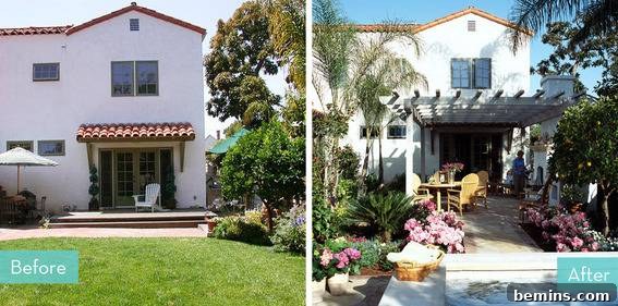A house has had a covered patio and landscaping added to its exterior.