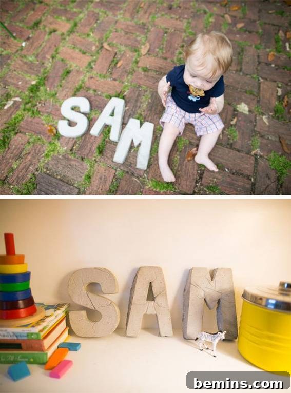 The name Sam is spelled out in letters on the ground.