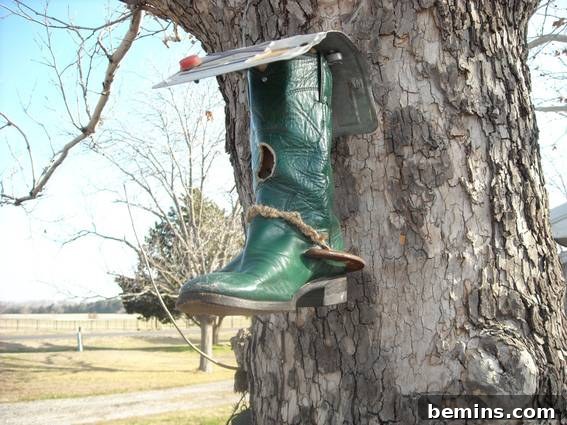 6 Sensational Upcycled Birdhouses
Six Stunning Upcycled Bird Abodes 7 A green boot attached to the side of a large tree, serving as a unique and eye-catching birdhouse.
