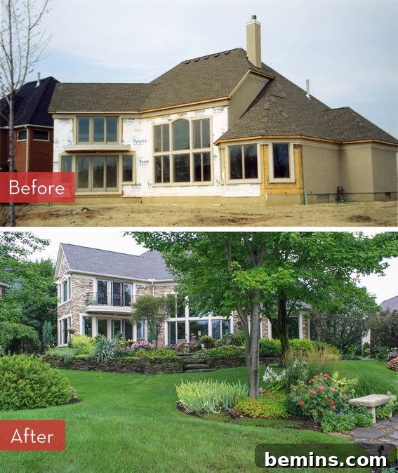 Before and after renovation of a house and garden, showcasing a complete transformation.