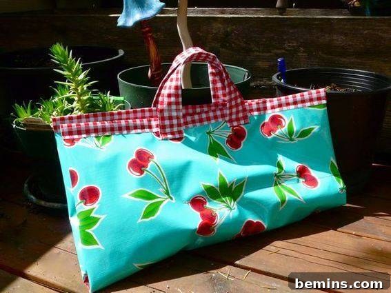 Garden bag sitting on a brightly lit wood deck