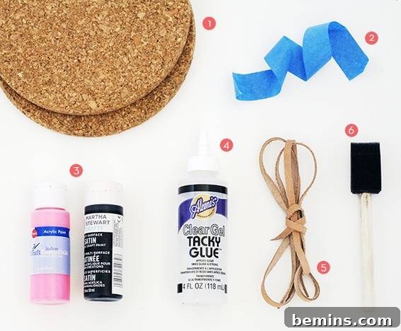 Several items laid out to be used in crafts, like cork, ribbon, and glue.