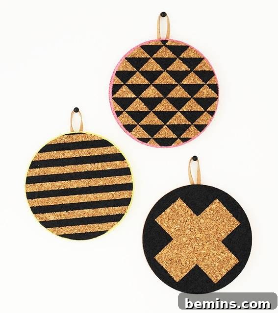 Ornament with triangular design, ornament with stripes, and ornament with a x.