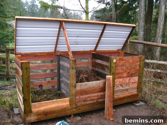 A composting bin with three compartments.