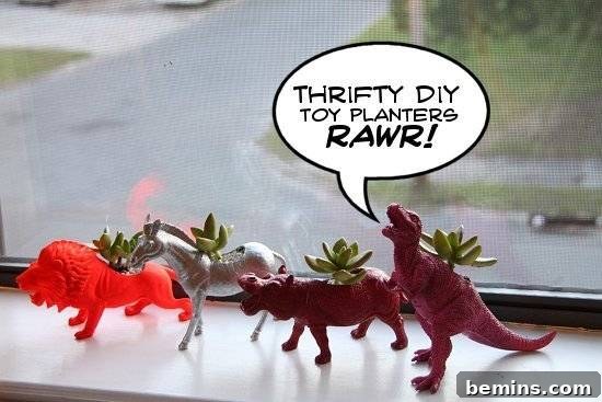 Various toy animals, including a dinosaur, repurposed as planters.
