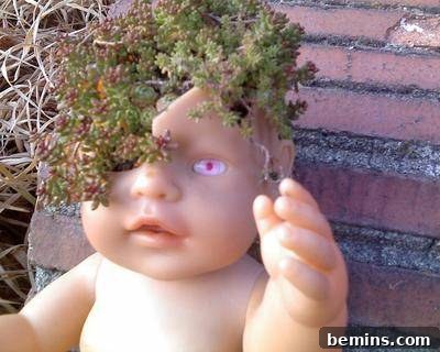 Plants growing out of the head of a repurposed baby doll.