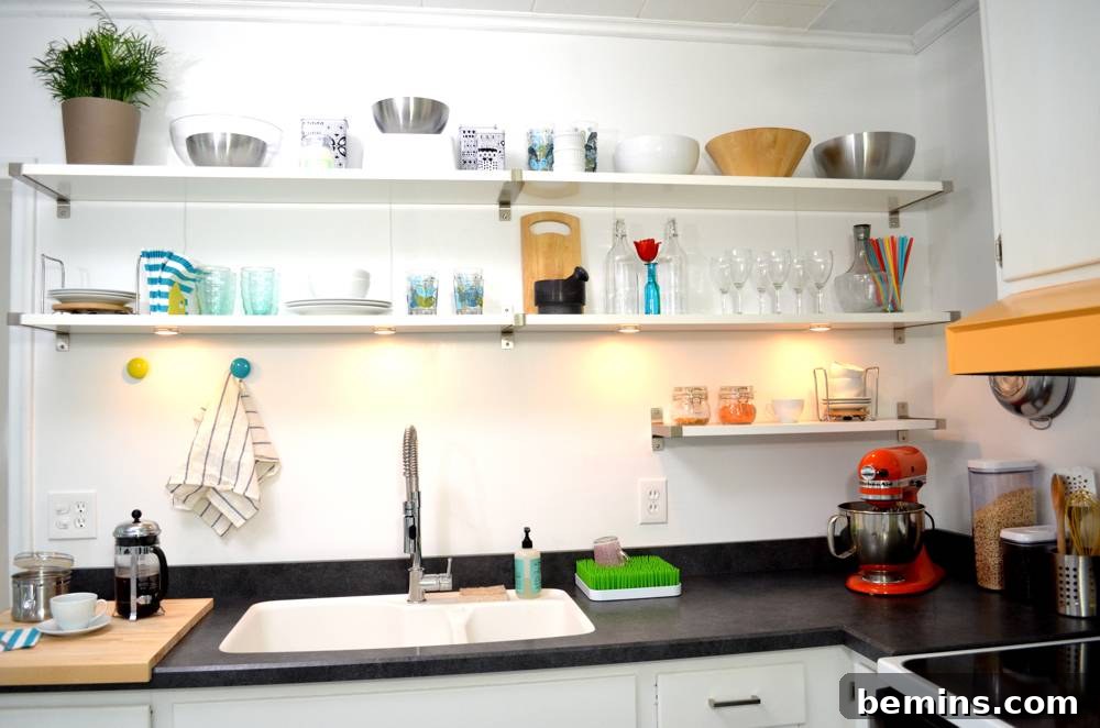 After: The new open shelving with a white sink and black counter.