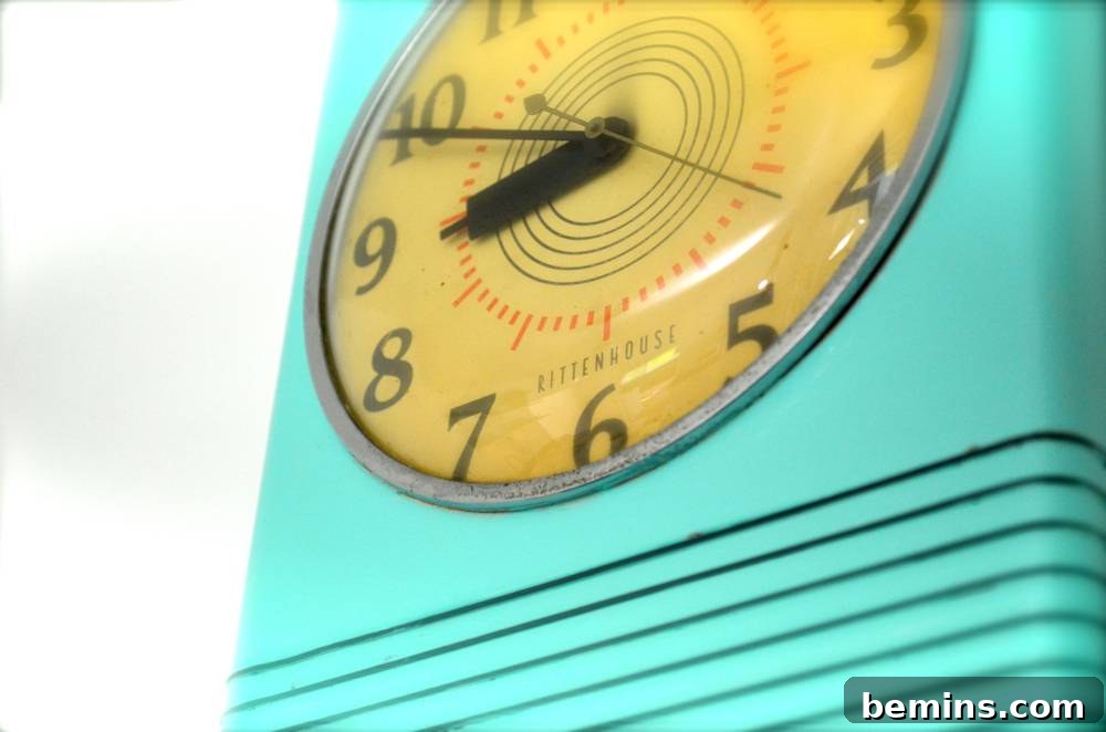 The teal wall clock setting the tone for the entire room.