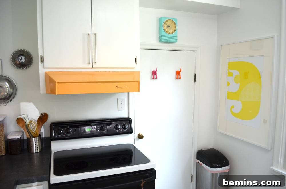 The completed kitchen with the elephant print on the wall.
