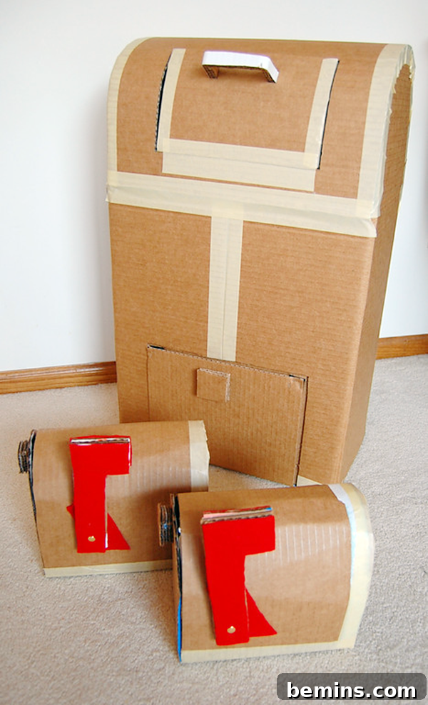 Cardboard Creations: 12 DIY Play Projects for Kids 14 Several mailboxes artfully constructed from cardboard and tape.