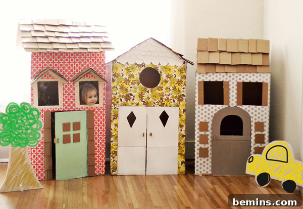 Cardboard Creations: 12 DIY Play Projects for Kids 3 A young girl joyfully playing with a set of charming cutout cardboard toys.