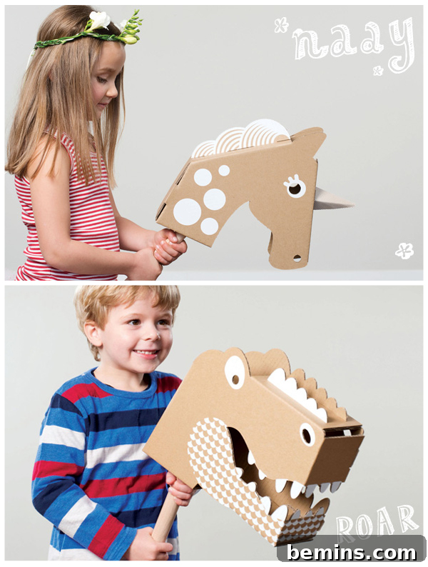 Cardboard Creations: 12 DIY Play Projects for Kids 5 Children playing with delightful handmade cardboard animals.