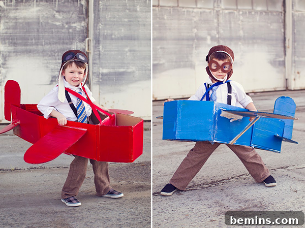 Cardboard Creations: 12 DIY Play Projects for Kids 10 Two boys joyfully playing with DIY cardboard airplanes.