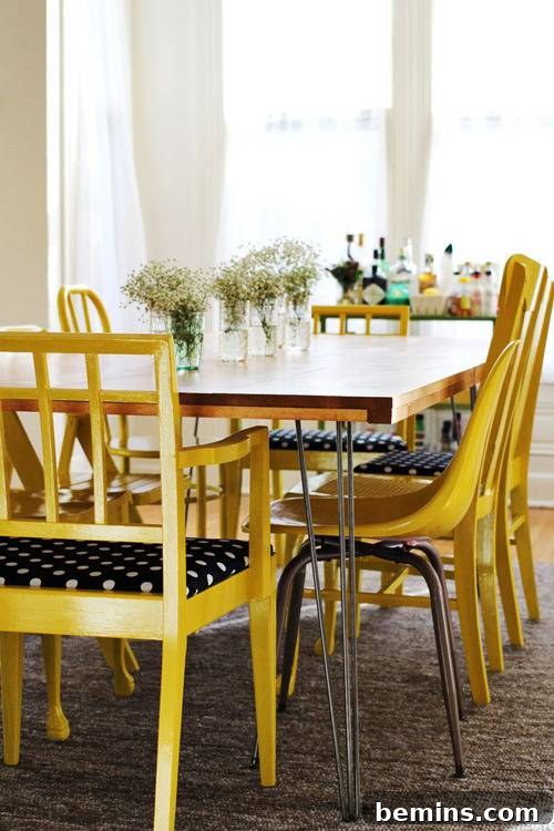 A dining area featuring a custom-built table surrounded by yellow and black chairs, bathed in natural light.