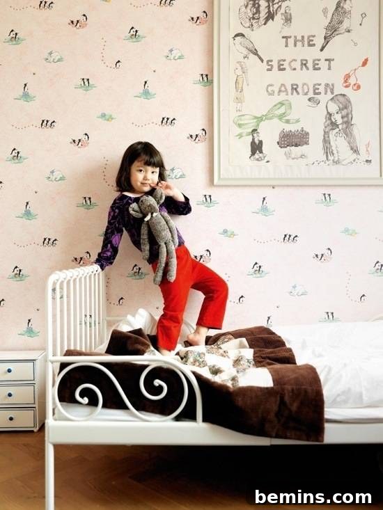 A beautifully decorated kid's room featuring amazing wallpaper and artwork, creating a vibrant and inspiring space.