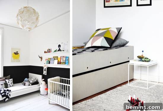 A cozy bedroom setup featuring a comfortable bed near a crib, creating a harmonious and comforting environment for both parent and child.