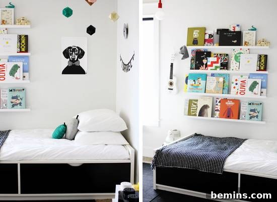 Two angles of a stylish bedroom showcasing beds and captivating artwork, creating a visually appealing and inspiring space.