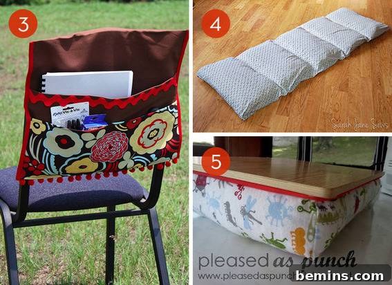 Three inspiring fabric projects: a chair organizer, a pillow bed, and a lap desk, all perfect for kids' rooms.