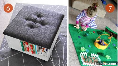 Two fabric projects for kids: an upholstered rolling storage ottoman and a colorful felt playmat.
