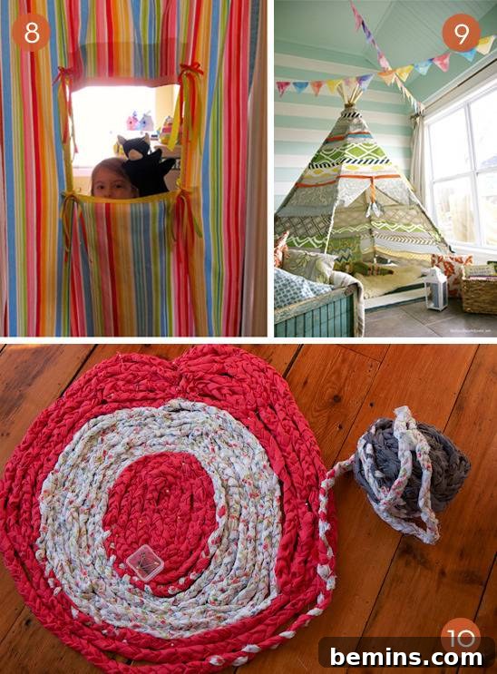 Three unique fabric projects: a puppet show theater, a teepee, and a rag rug, perfect for adding character to a kids' room.