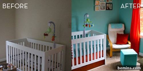 Before and after of nursery room with blue and red accent colors