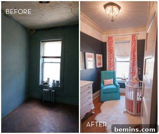 Dark green room with radiator and transformed nursery