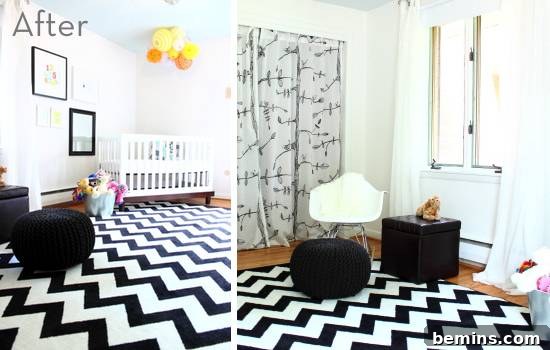 Before and after of a living room turned into a nursery