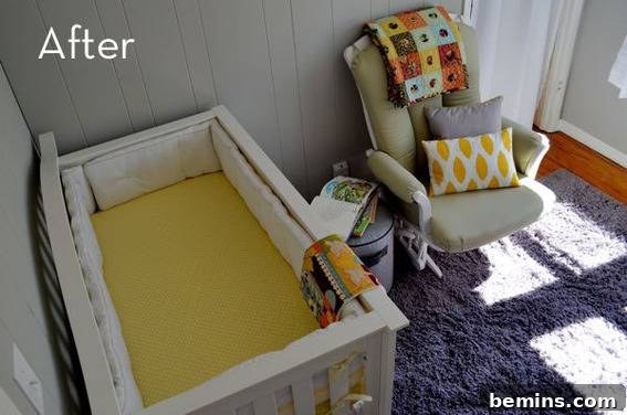 Nursery with yellow mattress crib and rocking chair