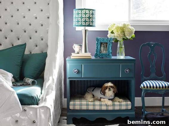 A dog comfortably resting in a dog bed ingeniously built into a nightstand, showcasing space-saving design.