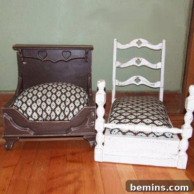Two repurposed pet beds: one made from a drawer and the other from an old chair, showcasing creative upcycling.