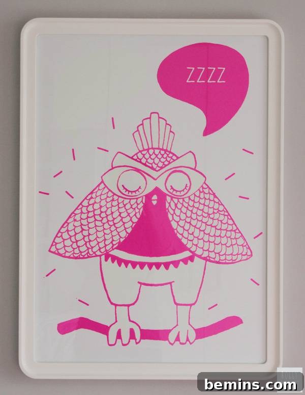 A pink owl drawing standing on a pink branch with the caption, zzzz.