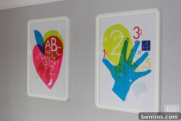 Glossy wall art shows the alphabet and and numbers for kids.