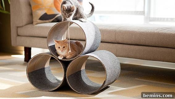 Purr-fect Perches: Crafting 6 Feline-Friendly Cat Trees 6 Cat trees made out of rolled up carpet and cardboard. Showcasing a cat playhouse made from a concrete tube, offering an enclosed and playful space for cats.