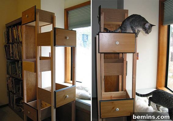 Purr-fect Perches: Crafting 6 Feline-Friendly Cat Trees 8 A shelf made of drawers and wooden poles sits next to a window bench. Showcasing a creative cat tree made from repurposed dresser drawers.