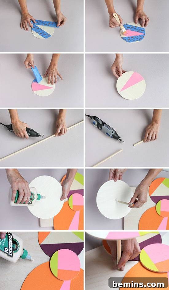 Close-up shot of hands demonstrating the initial steps of creating painted wood circles for the wall art project.