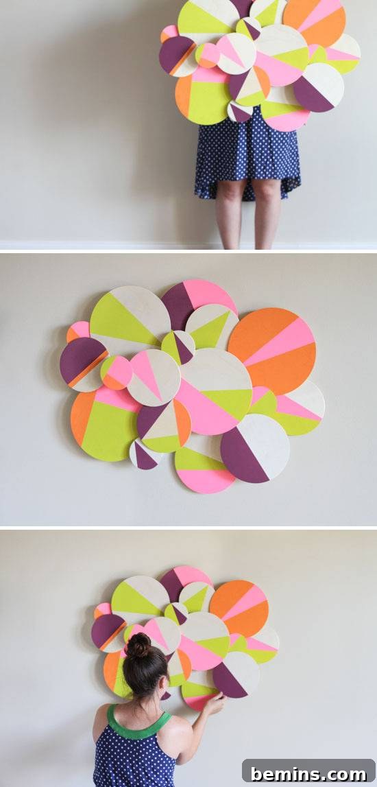 A woman adding the final touches to the dimensional circle wall art, showcasing its versatility as a home decor piece.